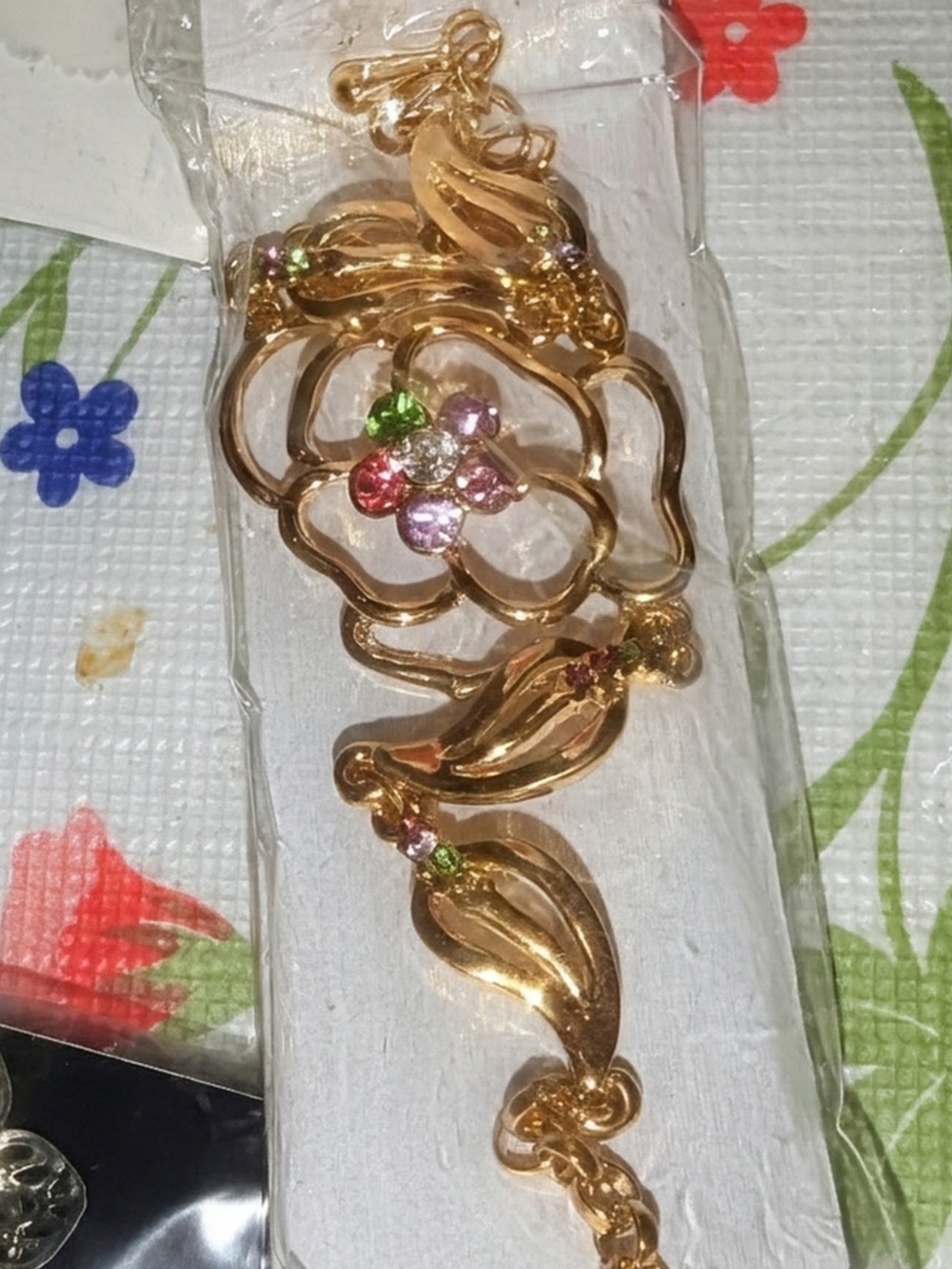 Gold Floral Bracelet with Multicolor Crystal Accents